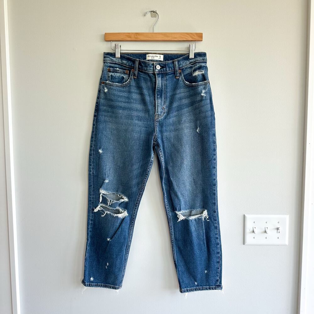 Abercrombie & Fitch The Mom High Rise Distressed Straight Leg Jeans Blue 29